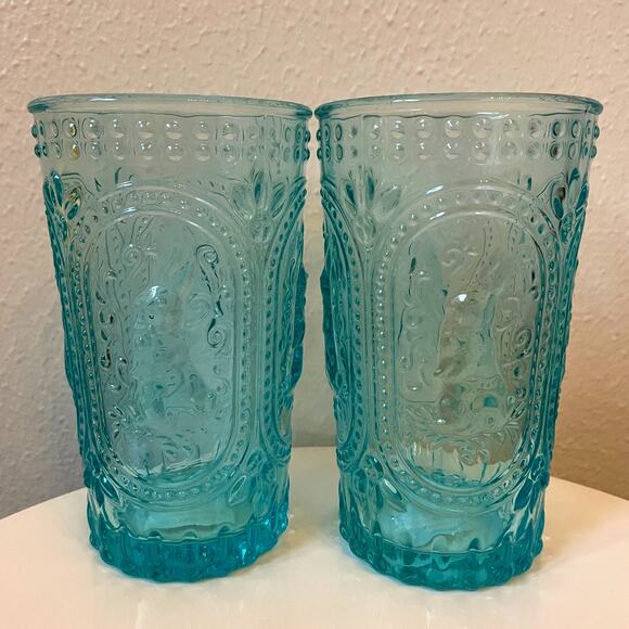 Easter Bunny Embossed Hobnail Victorian Heavy Drinking Glasses Set 4 Blue New - Picture 2 of 16
